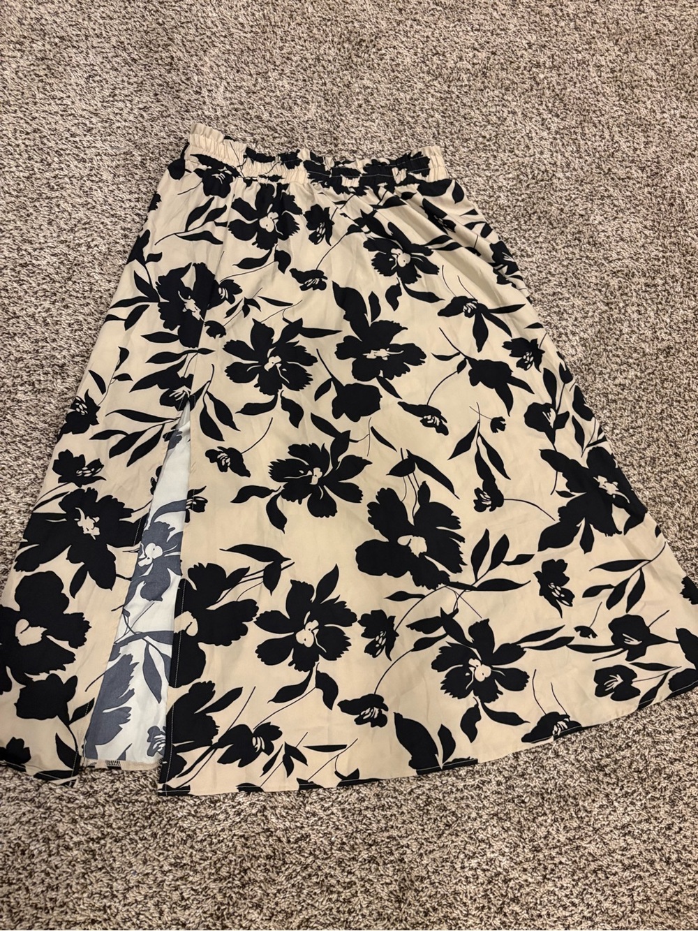 SHEIN Cream Midi Skirt with Black Floral Overlay